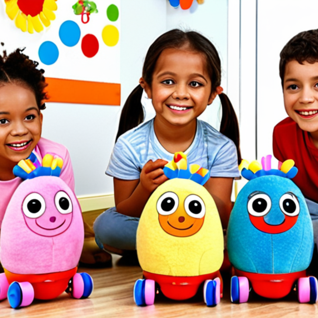 ** A group of diverse children happily playing with Titti Poo train toys indoors, some dressed up as Titti Poo characters, surrounded by colorful handmade Titti Poo decorations and drawings. The scene should evoke a sense of imaginative play and friendship, reflecting the educational and social benefits of the show. Focus on bright, inviting colors and a cozy, homey atmosphere typical of a German Kinderzimmer (children's room).

**