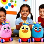 ** A group of diverse children happily playing with Titti Poo train toys indoors, some dressed up as Titti Poo characters, surrounded by colorful handmade Titti Poo decorations and drawings. The scene should evoke a sense of imaginative play and friendship, reflecting the educational and social benefits of the show. Focus on bright, inviting colors and a cozy, homey atmosphere typical of a German Kinderzimmer (children's room).

**