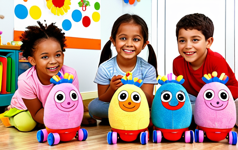 ** A group of diverse children happily playing with Titti Poo train toys indoors, some dressed up as Titti Poo characters, surrounded by colorful handmade Titti Poo decorations and drawings. The scene should evoke a sense of imaginative play and friendship, reflecting the educational and social benefits of the show. Focus on bright, inviting colors and a cozy, homey atmosphere typical of a German Kinderzimmer (children's room).
**