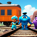 **Prompt:** Titi Poo and his friends (Diesel, Genie, Loco) working together to solve a problem on the train tracks, emphasizing their teamwork and friendship. Bright, colorful animation style.