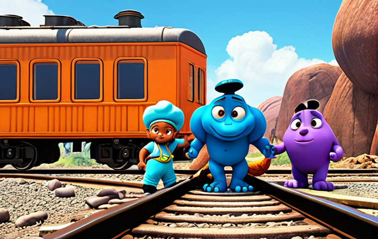 **Prompt:** Titi Poo and his friends (Diesel, Genie, Loco) working together to solve a problem on the train tracks, emphasizing their teamwork and friendship. Bright, colorful animation style.