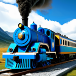 A professional-grade, vibrant blue Titipo train, fully functional with a well-maintained appearance and complete structure, depicted heroically in an epic, photorealistic mountain landscape under a dramatic sky. The scene features highly detailed CGI, cinematic lighting, and advanced particle effects for steam. The train exhibits perfect anatomy, correct proportions, robust construction, and well-formed wheels. This image is safe for work, appropriate content, and family-friendly.