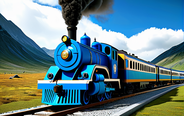 A professional-grade, vibrant blue Titipo train, fully functional with a well-maintained appearance and complete structure, depicted heroically in an epic, photorealistic mountain landscape under a dramatic sky. The scene features highly detailed CGI, cinematic lighting, and advanced particle effects for steam. The train exhibits perfect anatomy, correct proportions, robust construction, and well-formed wheels. This image is safe for work, appropriate content, and family-friendly.