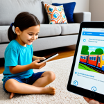 A young child, approximately 6 years old, fully clothed in modest, comfortable children's attire, is sitting on the floor in a bright, family-friendly living room. The child holds a tablet, through which a cheerful, friendly cartoon train character (inspired by Titipo) is virtually overlaid and appears to be playing on the carpet. The child's hand is gently reaching towards the virtual train, a look of wonder and engagement on their face. The scene captures the magic of Augmented Reality in education. Professional photography, sharp focus, vibrant colors, soft natural lighting. Perfect anatomy, correct proportions, natural pose, well-formed hands, proper finger count, natural body proportions. Safe for work, appropriate content, fully clothed, family-friendly.