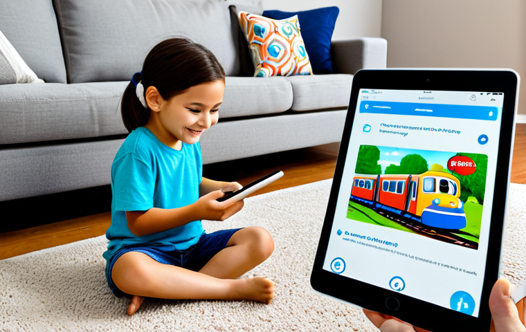 A young child, approximately 6 years old, fully clothed in modest, comfortable children's attire, is sitting on the floor in a bright, family-friendly living room. The child holds a tablet, through which a cheerful, friendly cartoon train character (inspired by Titipo) is virtually overlaid and appears to be playing on the carpet. The child's hand is gently reaching towards the virtual train, a look of wonder and engagement on their face. The scene captures the magic of Augmented Reality in education. Professional photography, sharp focus, vibrant colors, soft natural lighting. Perfect anatomy, correct proportions, natural pose, well-formed hands, proper finger count, natural body proportions. Safe for work, appropriate content, fully clothed, family-friendly.