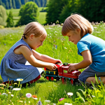 **

A group of fully clothed children playing imaginatively with toy trains in a sunlit German meadow, surrounded by wildflowers. The scene evokes a sense of friendship and teamwork. The children are wearing modest, colorful clothing appropriate for outdoor play. Safe for work, appropriate content, family-friendly, perfect anatomy, natural proportions, well-formed hands. Professional, high-resolution image.

**