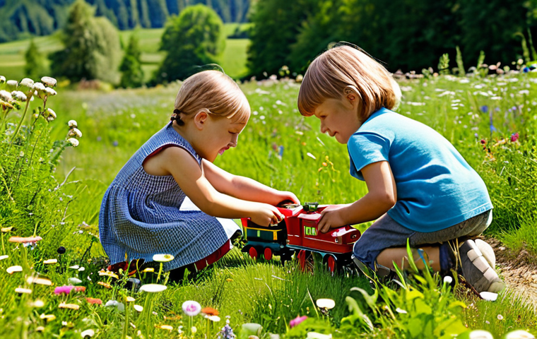 **
A group of fully clothed children playing imaginatively with toy trains in a sunlit German meadow, surrounded by wildflowers. The scene evokes a sense of friendship and teamwork. The children are wearing modest, colorful clothing appropriate for outdoor play. Safe for work, appropriate content, family-friendly, perfect anatomy, natural proportions, well-formed hands. Professional, high-resolution image.
**