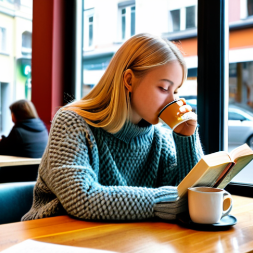 Home 20 Cozy Café Scene**
"A young woman with blonde hair, wearing a warm, knitted sweater and jeans, sits at a table in a bustling Berlin café. She is sipping a Kaffee and reading a book. Soft, natural lighting filters through the window. Background features other patrons, coffee cups, and pastries. The overall atmosphere is cozy and inviting. Safe for work, appropriate content, fully clothed, professional photography, perfect anatomy, natural pose, high resolution, family-friendly."
**