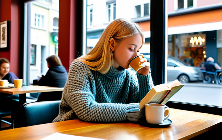 Cozy Café Scene**
"A young woman with blonde hair, wearing a warm, knitted sweater and jeans, sits at a table in a bustling Berlin café. She is sipping a Kaffee and reading a book. Soft, natural lighting filters through the window. Background features other patrons, coffee cups, and pastries. The overall atmosphere is cozy and inviting. Safe for work, appropriate content, fully clothed, professional photography, perfect anatomy, natural pose, high resolution, family-friendly."
**