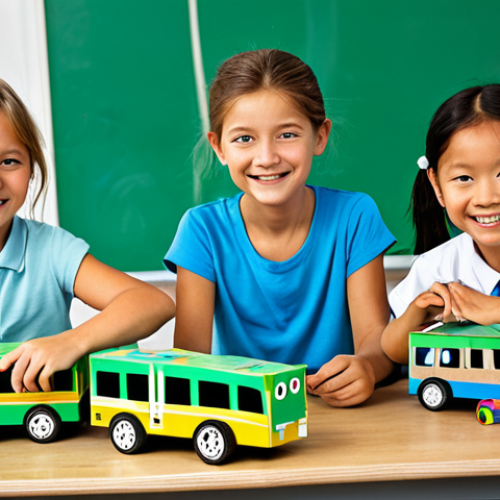 Home 19 TAYO Recycling Bus Craft**
"A group of German children, fully clothed in appropriate attire, are happily crafting TAYO buses from recycled cardboard boxes, safe for work, sitting at a table in a brightly lit classroom, colorful craft supplies are scattered around, teachers are assisting. Focus on creativity and environmental awareness, family-friendly, modest clothing, perfect anatomy, well-formed hands, proper finger count, professional illustration, high quality."
**
