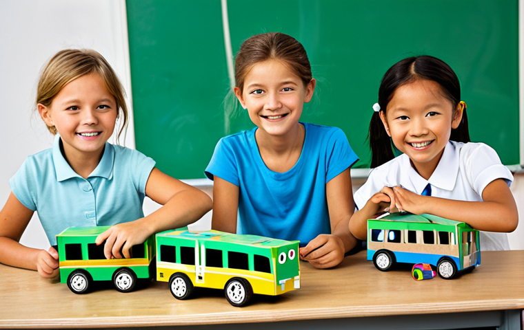 TAYO Recycling Bus Craft**
"A group of German children, fully clothed in appropriate attire, are happily crafting TAYO buses from recycled cardboard boxes, safe for work, sitting at a table in a brightly lit classroom, colorful craft supplies are scattered around, teachers are assisting. Focus on creativity and environmental awareness, family-friendly, modest clothing, perfect anatomy, well-formed hands, proper finger count, professional illustration, high quality."
**