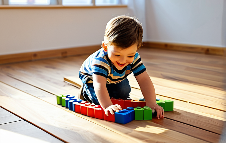 띠띠뽀 완구 라인업 - **Prompt:** "A child happily playing with a Titippo Starterset 'Erste Eisenbahn' on a wooden floor, ...