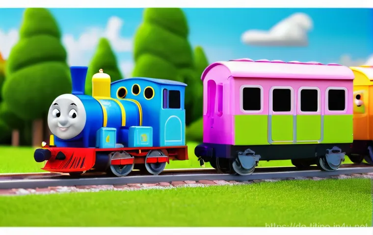 띠띠뽀 관련 새로운 에피소드 개발 - A vibrant 3D animation featuring Titipo, Genie, and Diesel on a sunny day. Titipo, a cheerful blue p...