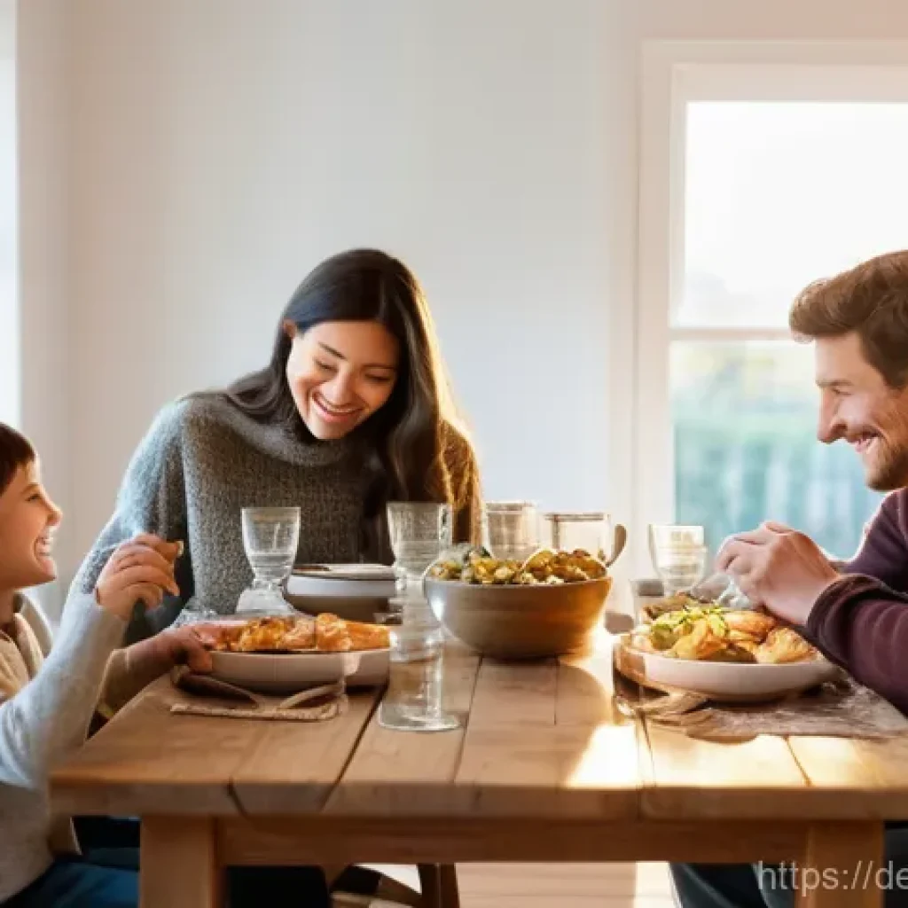 띠띠뽀와 가족 간의 소통 메시지 - **Prompt:** A warm, inviting scene of a family, consisting of two parents and two children (one pre-...