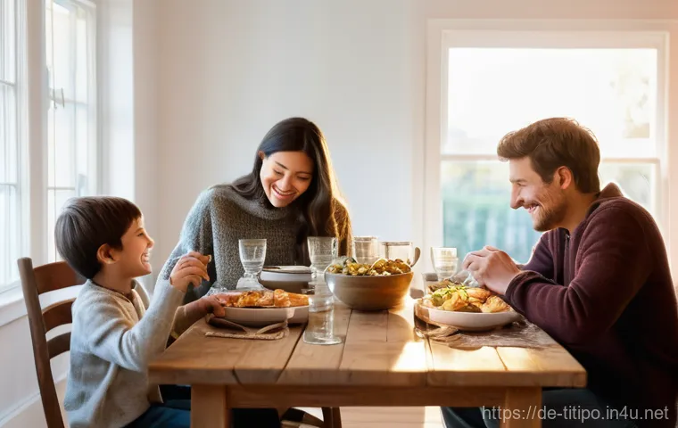 띠띠뽀와 가족 간의 소통 메시지 - **Prompt:** A warm, inviting scene of a family, consisting of two parents and two children (one pre-...