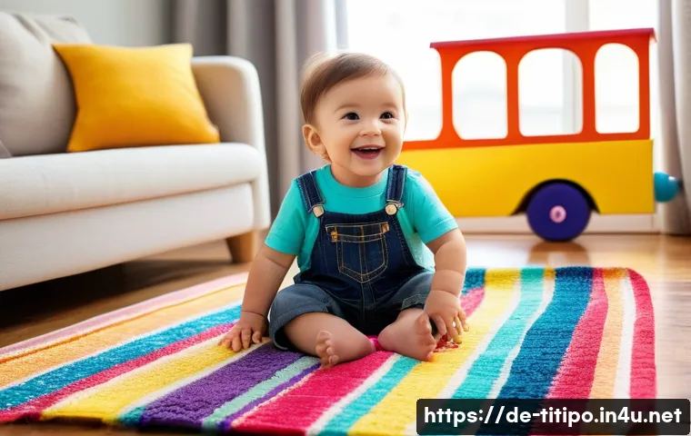 띠띠뽀 OST의 음악적 특징 - A cheerful young child, around 3-4 years old, with bright, sparkling eyes and a wide, joyful smile, ...