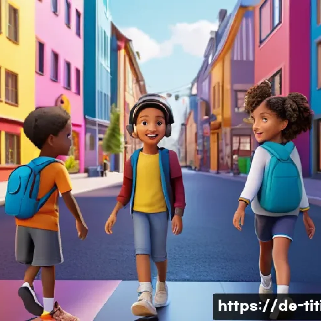 띠띠뽀와 애니메이션 산업의 미래 - A vibrant 3D animated scene featuring diverse children characters interacting in a colorful virtual ...