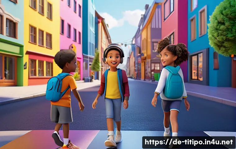 띠띠뽀와 애니메이션 산업의 미래 - A vibrant 3D animated scene featuring diverse children characters interacting in a colorful virtual ...
