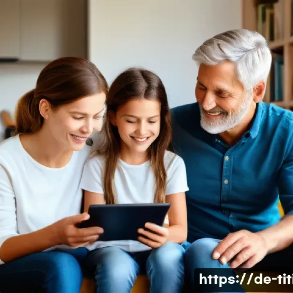 띠띠뽀 부모 가이드 - A warm and inviting family living room scene in a modern German home, showing parents and two childr...