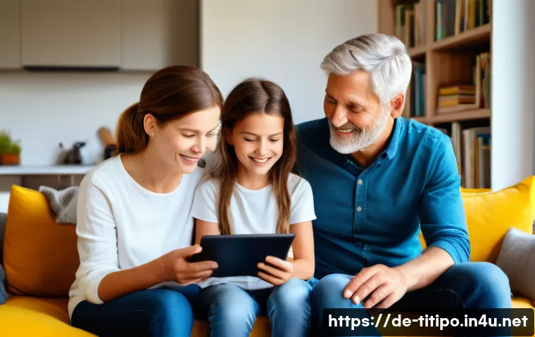 띠띠뽀 부모 가이드 - A warm and inviting family living room scene in a modern German home, showing parents and two childr...