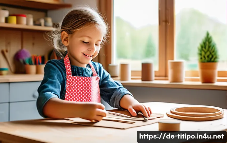 띠띠뽀와 함께하는 DIY 키트 - A bright and cheerful craft workshop scene featuring a young German child aged around 7, wearing col...
