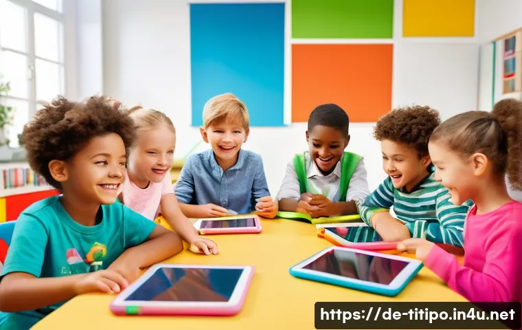 띠띠뽀 캐릭터를 활용한 교육 프로그램 - A cheerful classroom scene featuring diverse young children aged around 5-7 years, sitting in a colo...