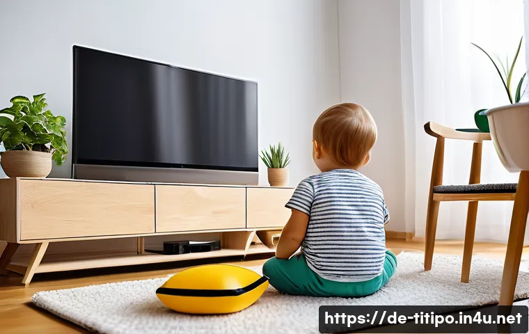 띠띠뽀 관련 학문적 연구 - A cozy German family living room scene featuring a toddler wearing a colorful diaper, sitting on a s...