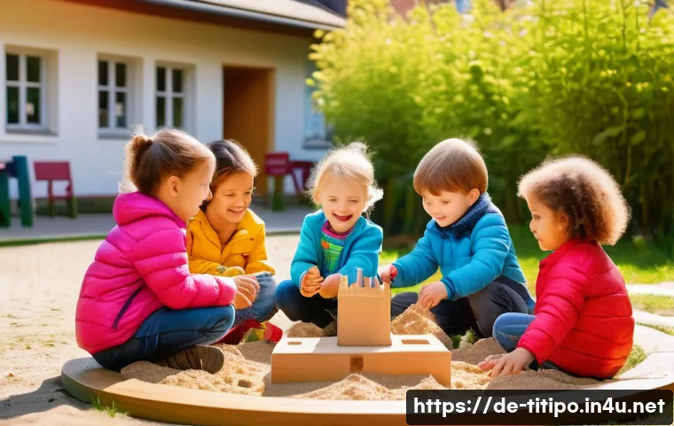 띠띠뽀 에피소드별 교훈 - A vibrant, heartwarming scene of diverse preschool children playing cooperatively in a sunny German ...