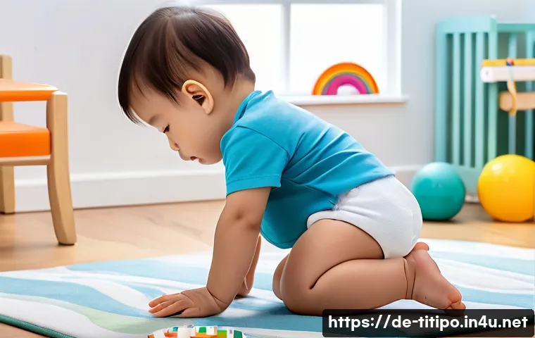 띠띠뽀 장난감 리뷰 및 평점 - A bright and colorful toddler’s playroom scene featuring a child wearing a clean diaper, playing joy...