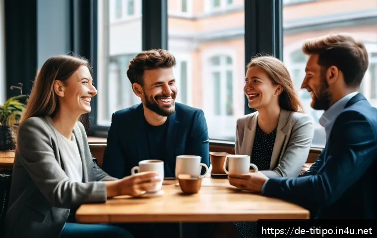 띠띠뽀 팬덤과의 오프라인 만남 - A cozy Berlin caf&eacute; interior during an offline networking event, featuring diverse adults in business...