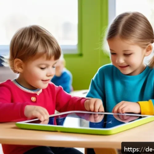 띠띠뽀 방영 중단 위기 사례 - A cheerful preschool classroom scene in Germany featuring diverse children aged 3-6 playing with int...
