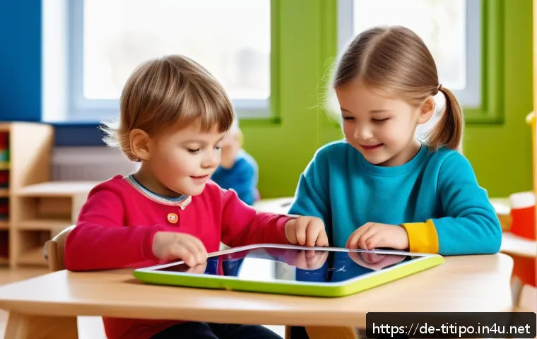 띠띠뽀 방영 중단 위기 사례 - A cheerful preschool classroom scene in Germany featuring diverse children aged 3-6 playing with int...