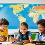 띠띠뽀와 콘텐츠의 글로벌 문화적 역할 - A lively multicultural classroom scene showing children aged around 8-10 years engaged in playful le...