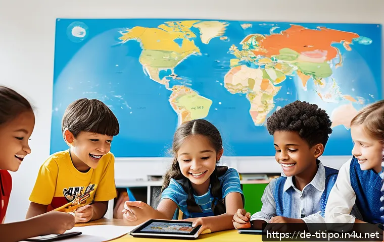 띠띠뽀와 콘텐츠의 글로벌 문화적 역할 - A lively multicultural classroom scene showing children aged around 8-10 years engaged in playful le...