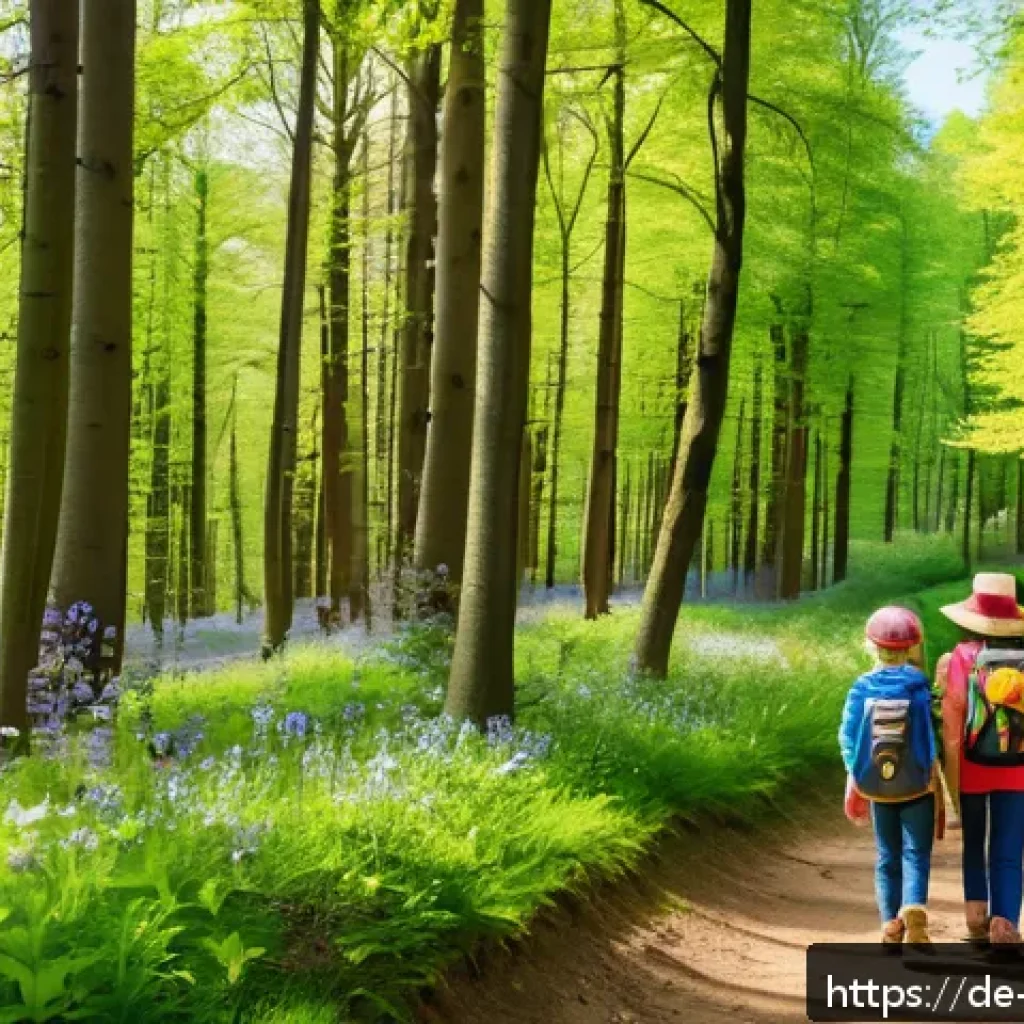 띠띠뽀와 함께하는 가족 여행 플랜 - A cheerful family hiking together on a scenic forest trail in Germany during springtime, featuring l...