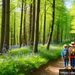 띠띠뽀와 함께하는 가족 여행 플랜 - A cheerful family hiking together on a scenic forest trail in Germany during springtime, featuring l...