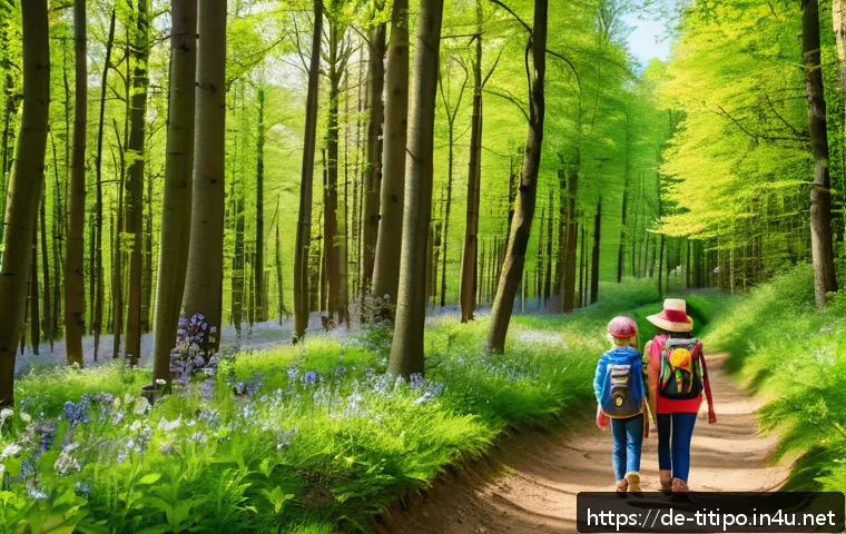 띠띠뽀와 함께하는 가족 여행 플랜 - A cheerful family hiking together on a scenic forest trail in Germany during springtime, featuring l...