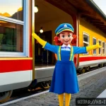 띠띠뽀 새로운 에피소드 예상 - Photorealistic cinematic scene of a cheerful red-and-yellow anthropomorphic electric train arriving ...