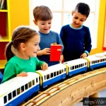 띠띠뽀 콘텐츠와 어린이들의 창의적 반응 - Photorealistic bright German kindergarten classroom in Munich, a small group of joyful children aged...