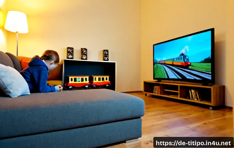 띠띠뽀 방영 시간표 - Photorealistic cozy German family living room in early evening, a parent and young child sitting on ...