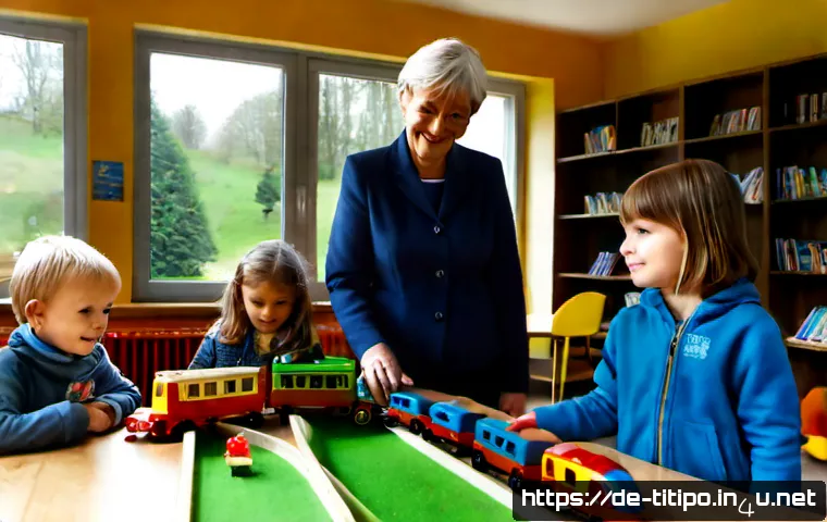 띠띠뽀 콘텐츠의 사회적 가치를 확장 - Photorealistic scene in a bright German community library, diverse preschool children and an elderly...