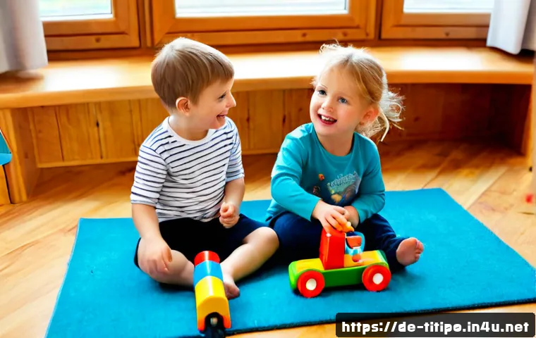 Home 17 띠띠뽀와 어린이들의 공감대 - Photorealistic scene of two German preschool children sitting on a soft playroom rug, warmly sharing...