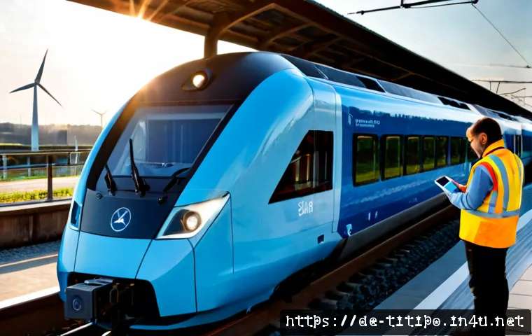 띠띠뽀의 기술 혁신 사례 - Photorealistic modern German regional train innovation center, a friendly compact blue electric trai...