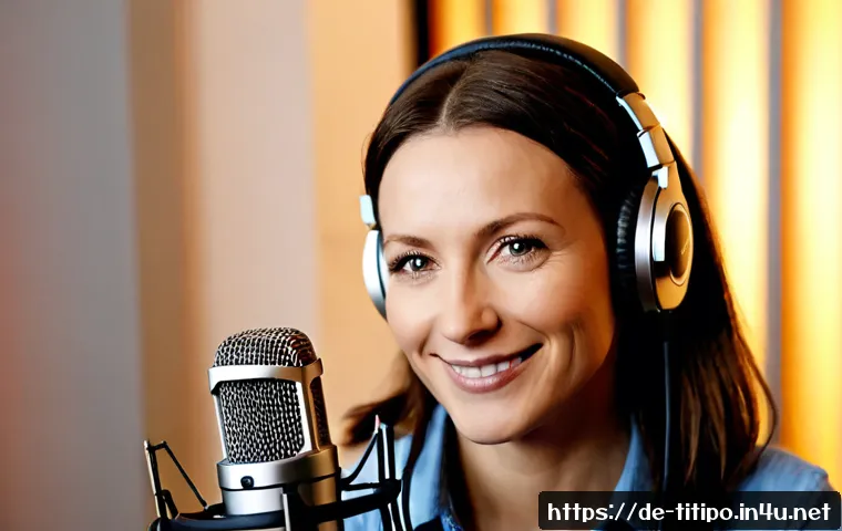 띠띠뽀 성우 인터뷰 - Photorealistic editorial portrait of a German female voice actor in her 30s during a warm studio int...